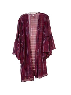 I Love Maroon Diamond Print Kimono Ruffle Sleeve Open Front Size S